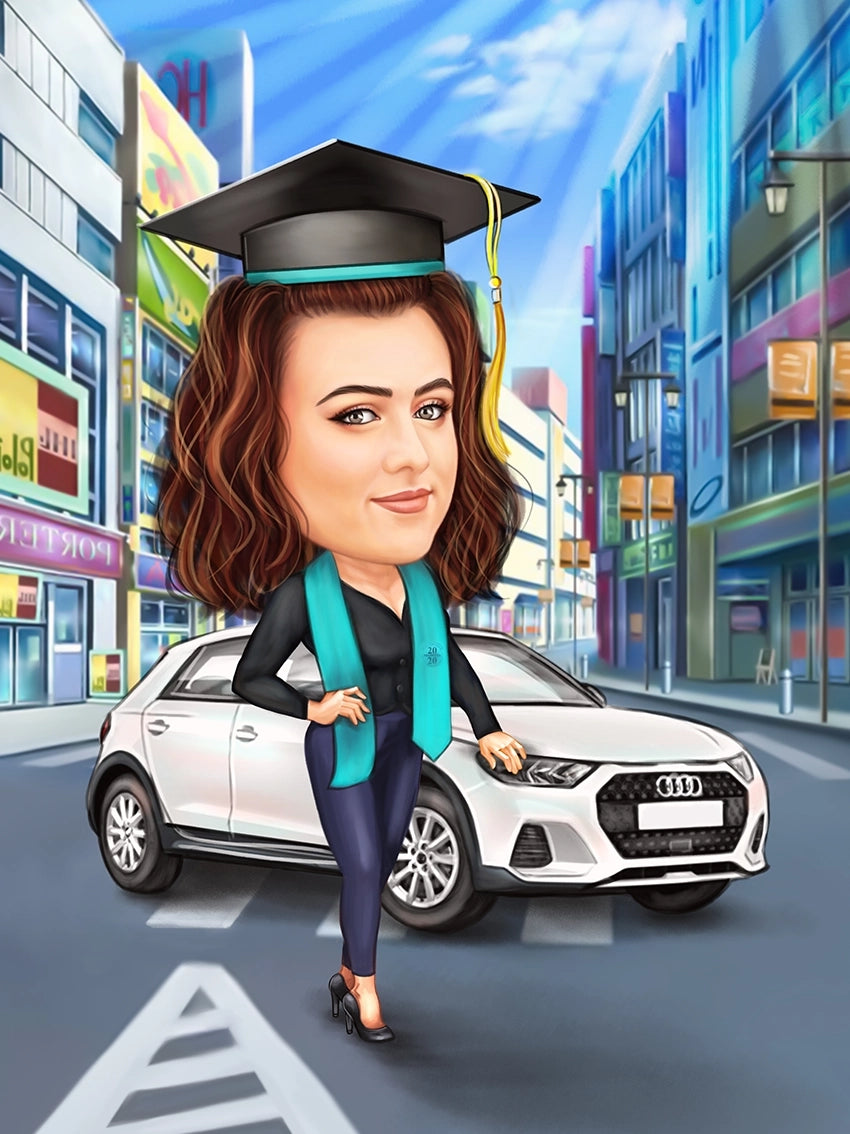 Graduation and car caricature