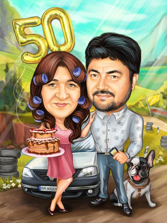 Marriage anniversary & the favorite dog caricature