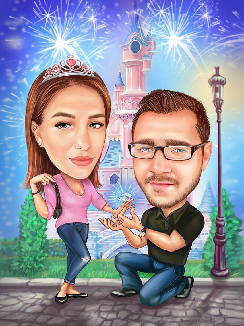 Proposal in Disneyland caricature