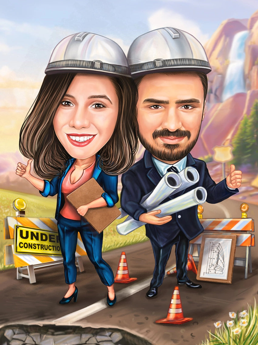 Builder with drawings caricature