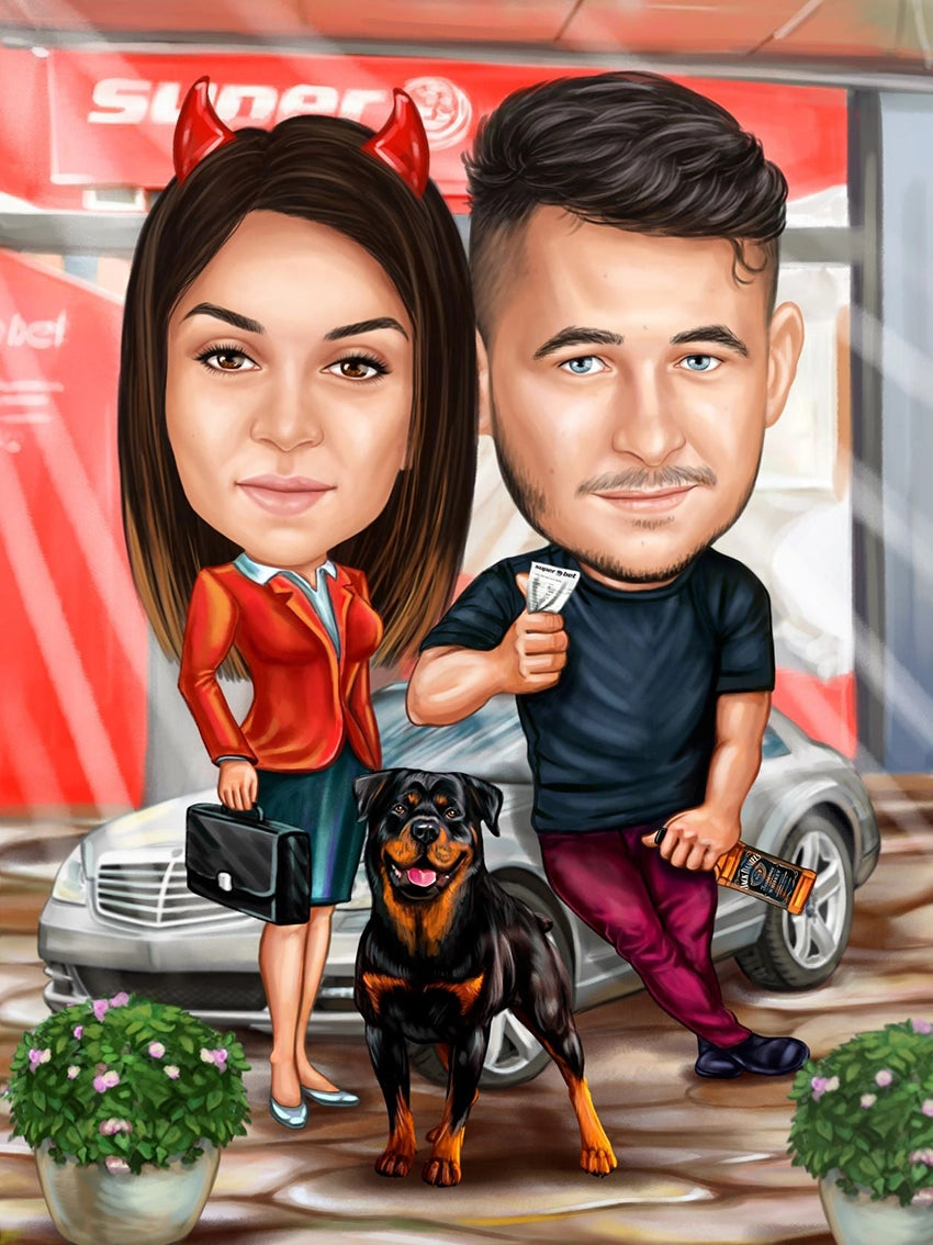 Couple and their favorite dog caricature