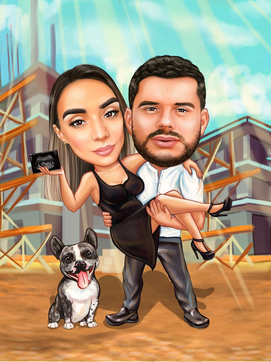 Couple and block under construction caricature