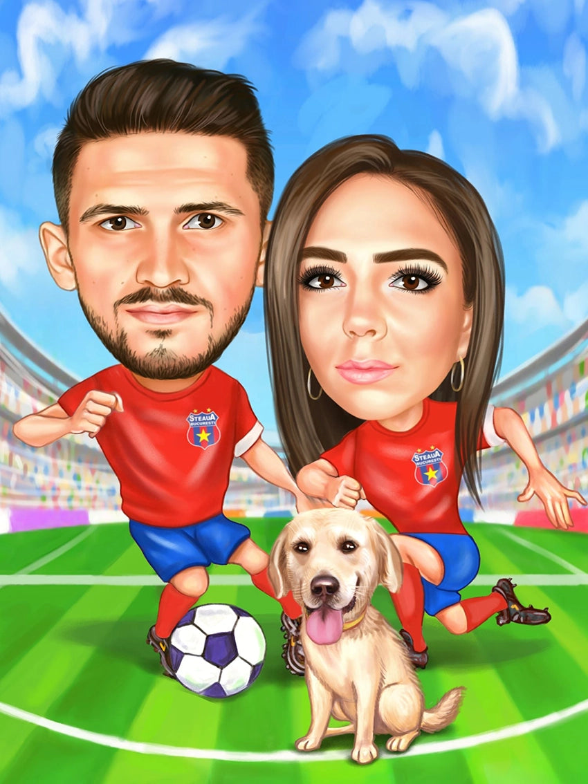 Couple and a dog on the football field caricature