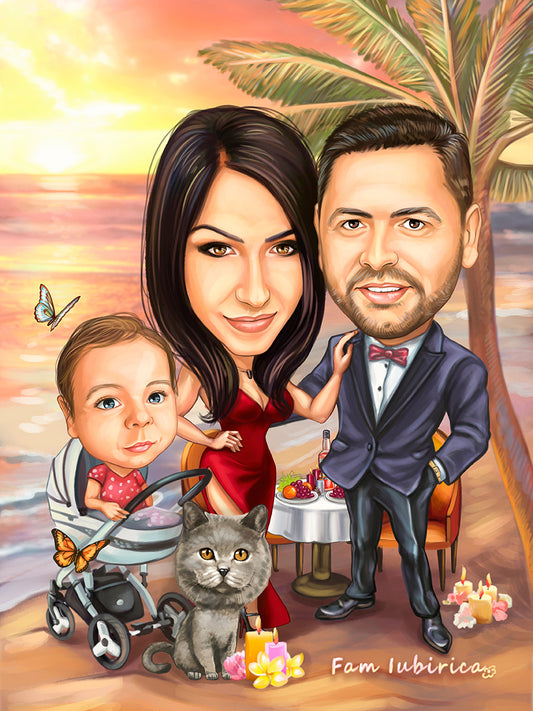 New parents at sunset caricature
