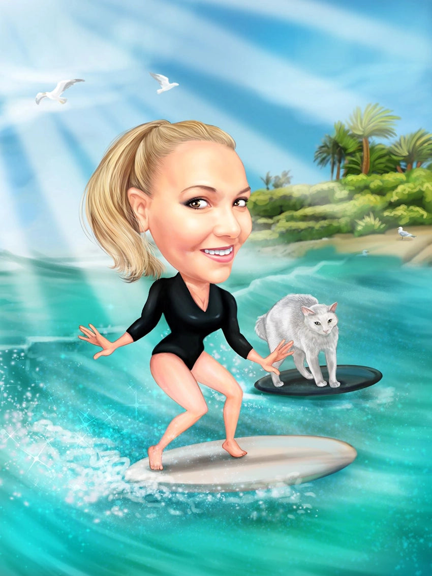 Funny surfing with the cat caricature