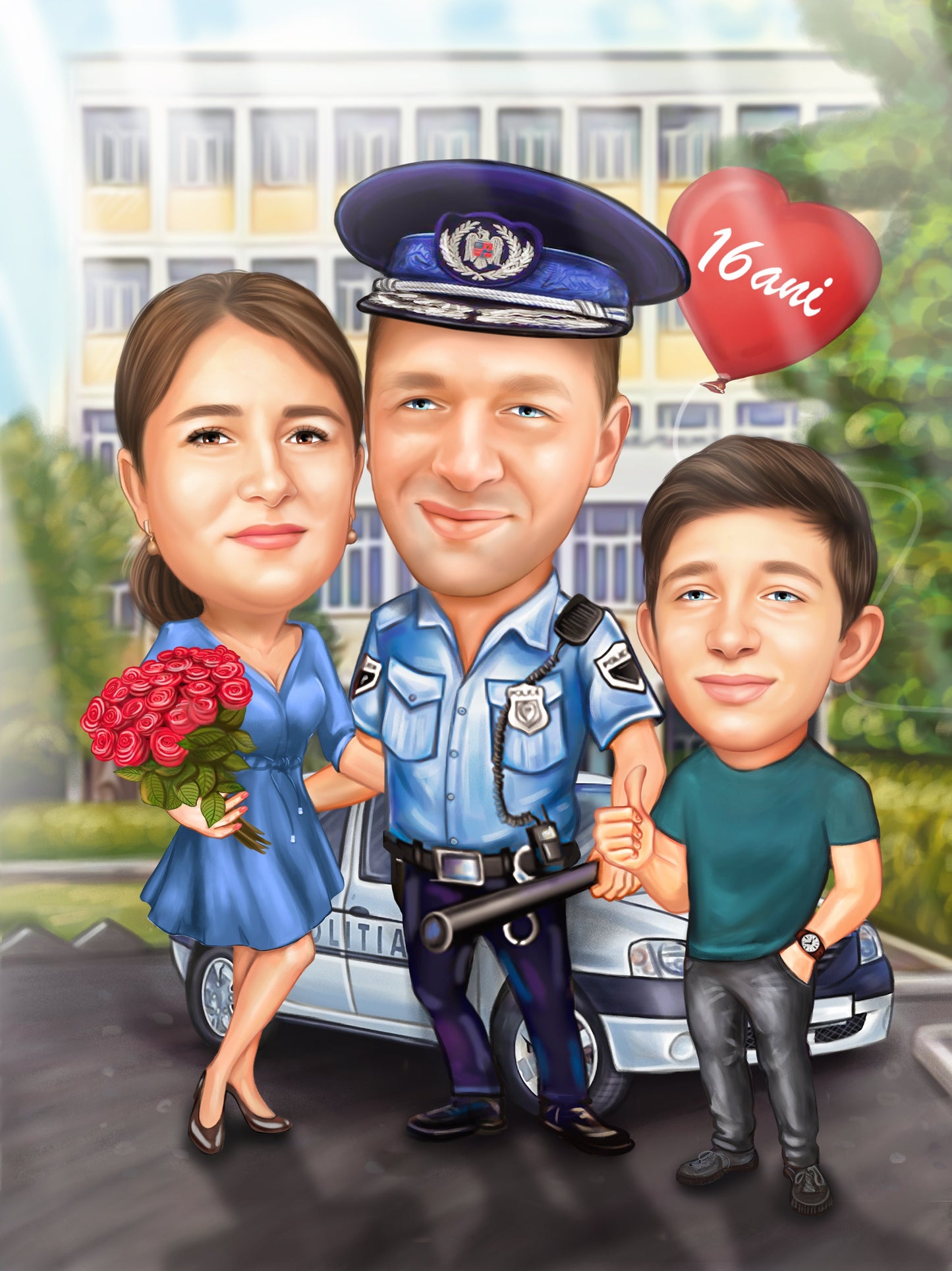 Policeman 16 years of relationship anniversary family caricature