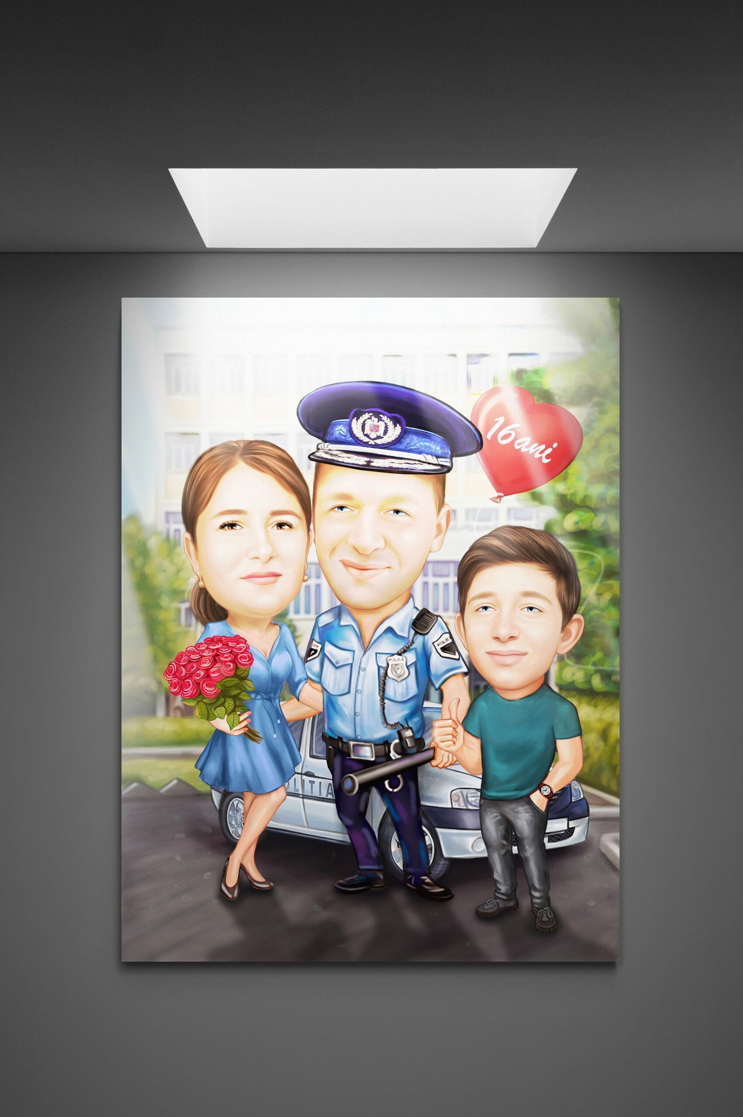 Policeman 16 years of relationship anniversary family caricature