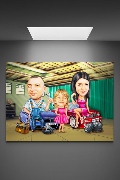 Help in the car service family caricature