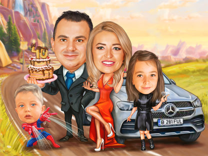 40 years anniversary with a car family caricature