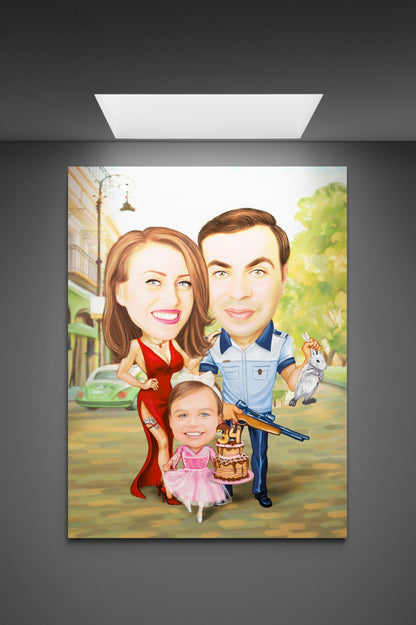 Father policeman anniversary family caricature