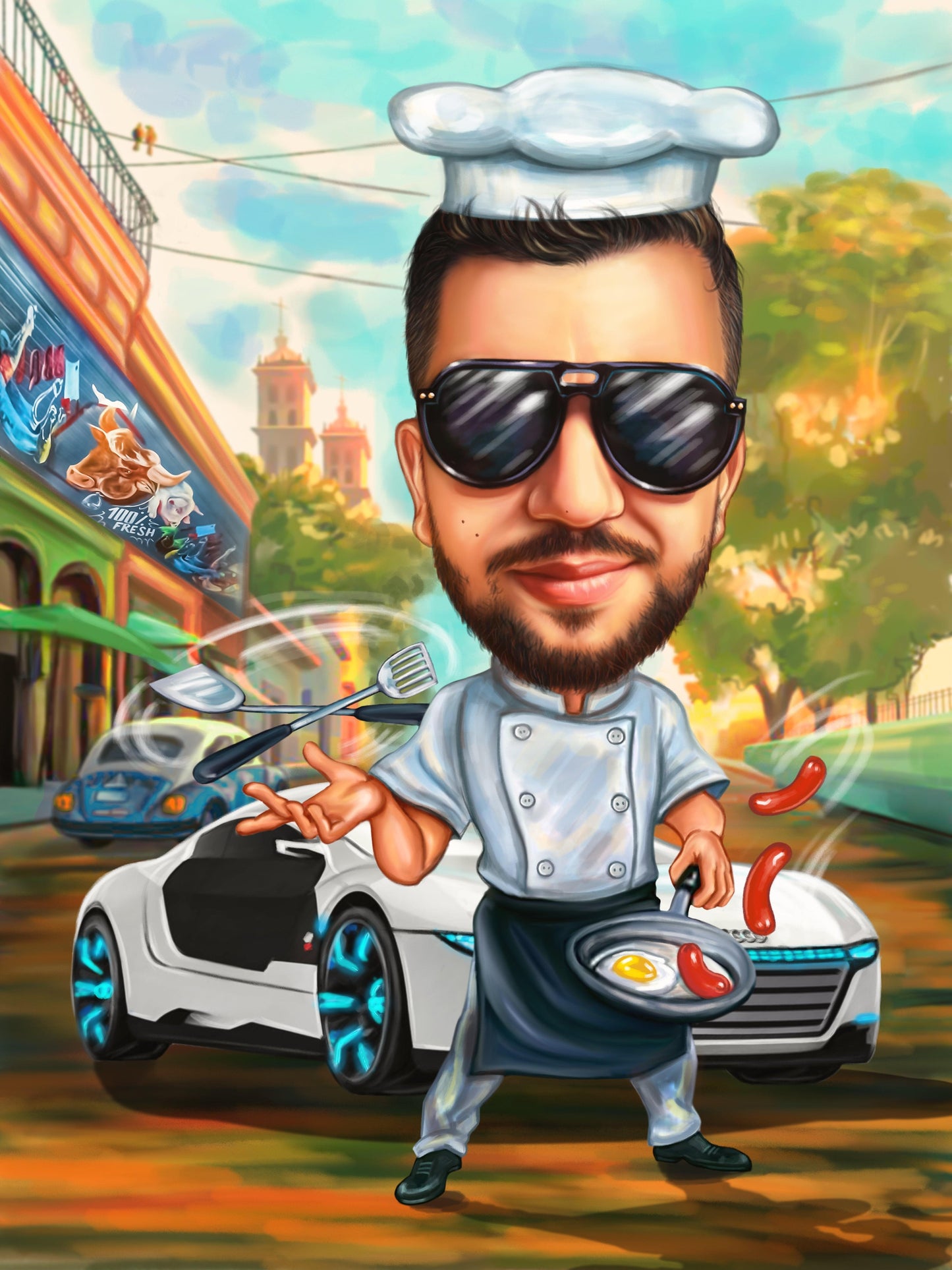Cook with car caricature