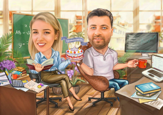 Him and her at work anniversary caricature