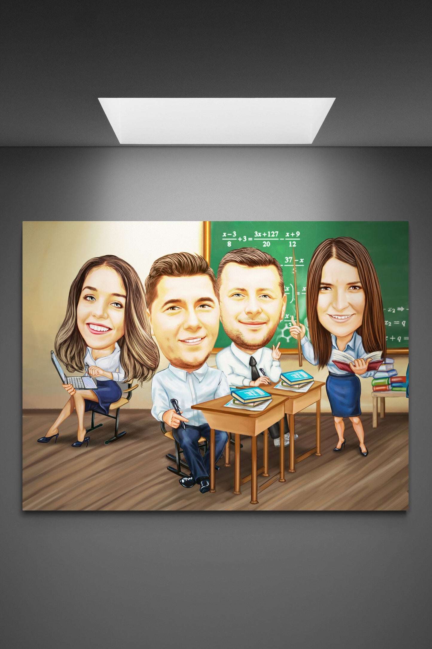 Happy promotion in classroom caricature