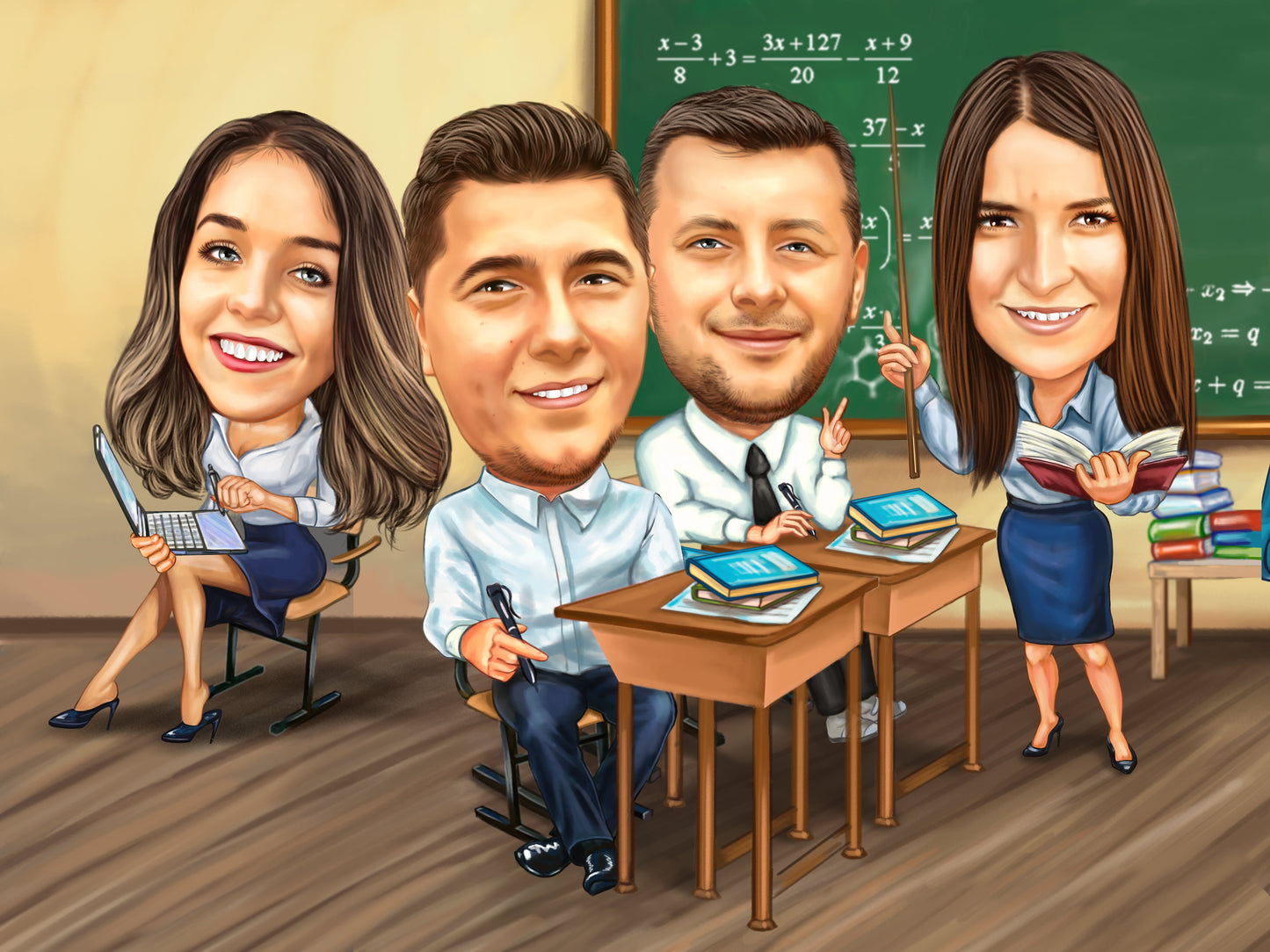 Happy promotion in classroom caricature