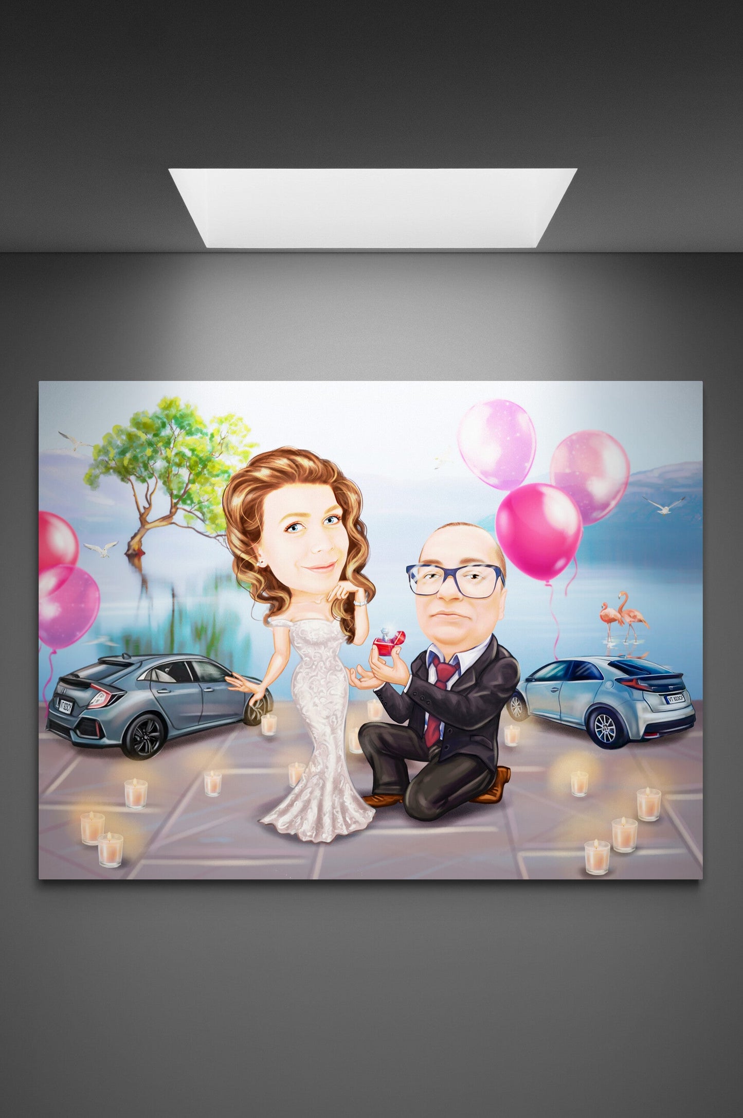 Ring and gift marriage proposal caricature