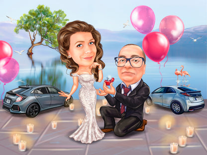 Ring and gift marriage proposal caricature