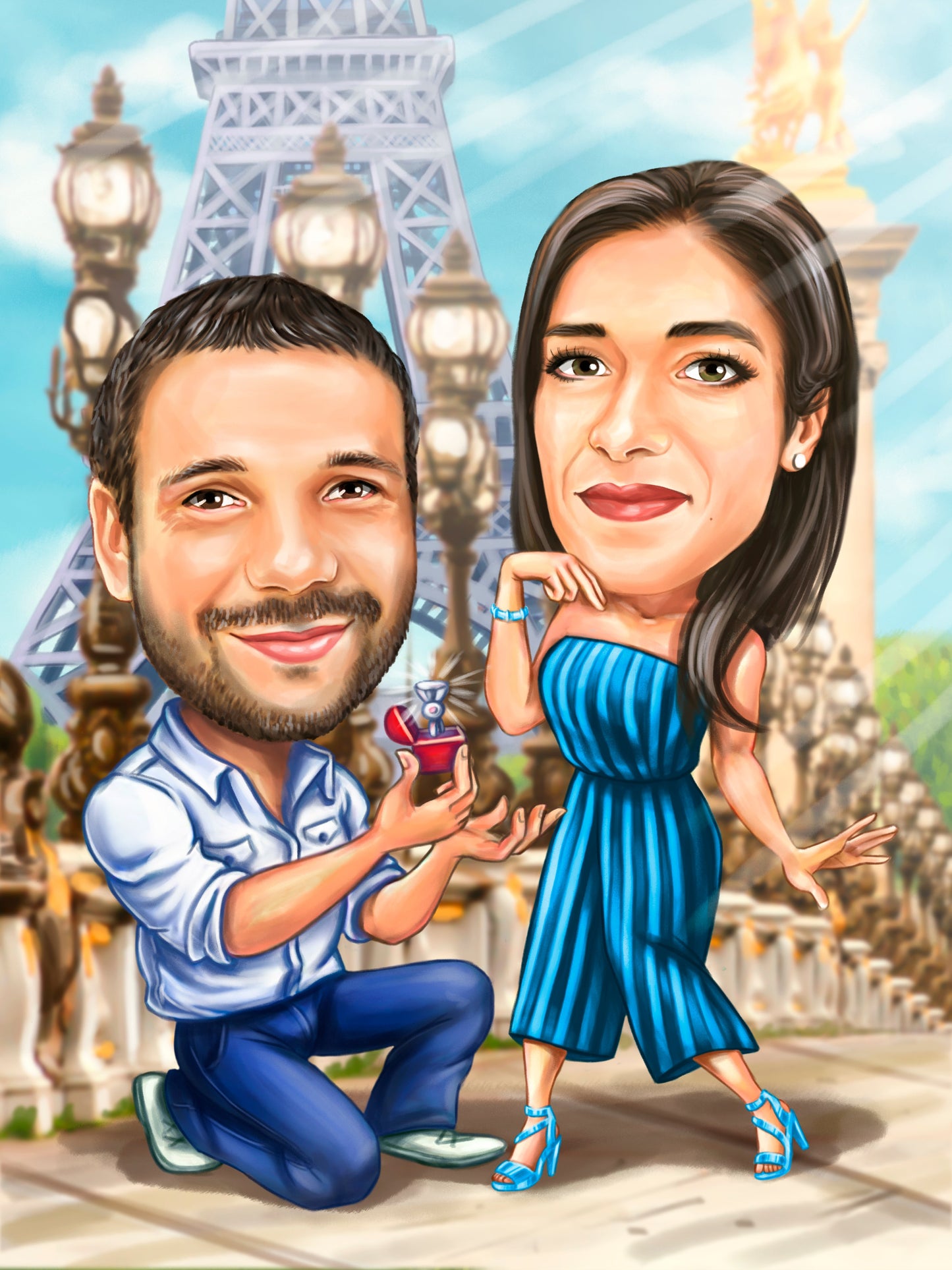 Marriage proposal in Paris caricature