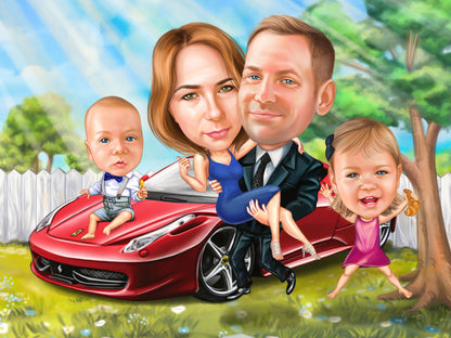 Family with a Ferrari caricature
