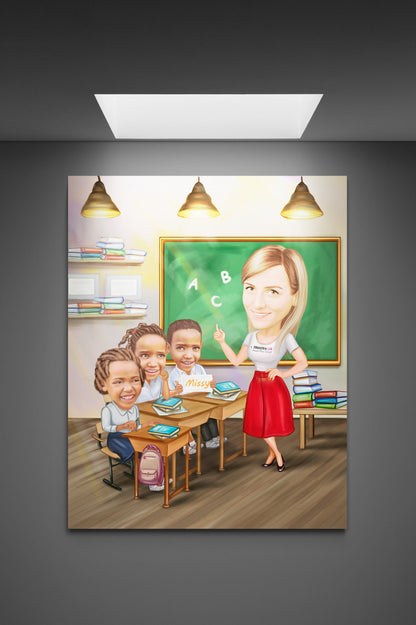 Family and the teacher caricature