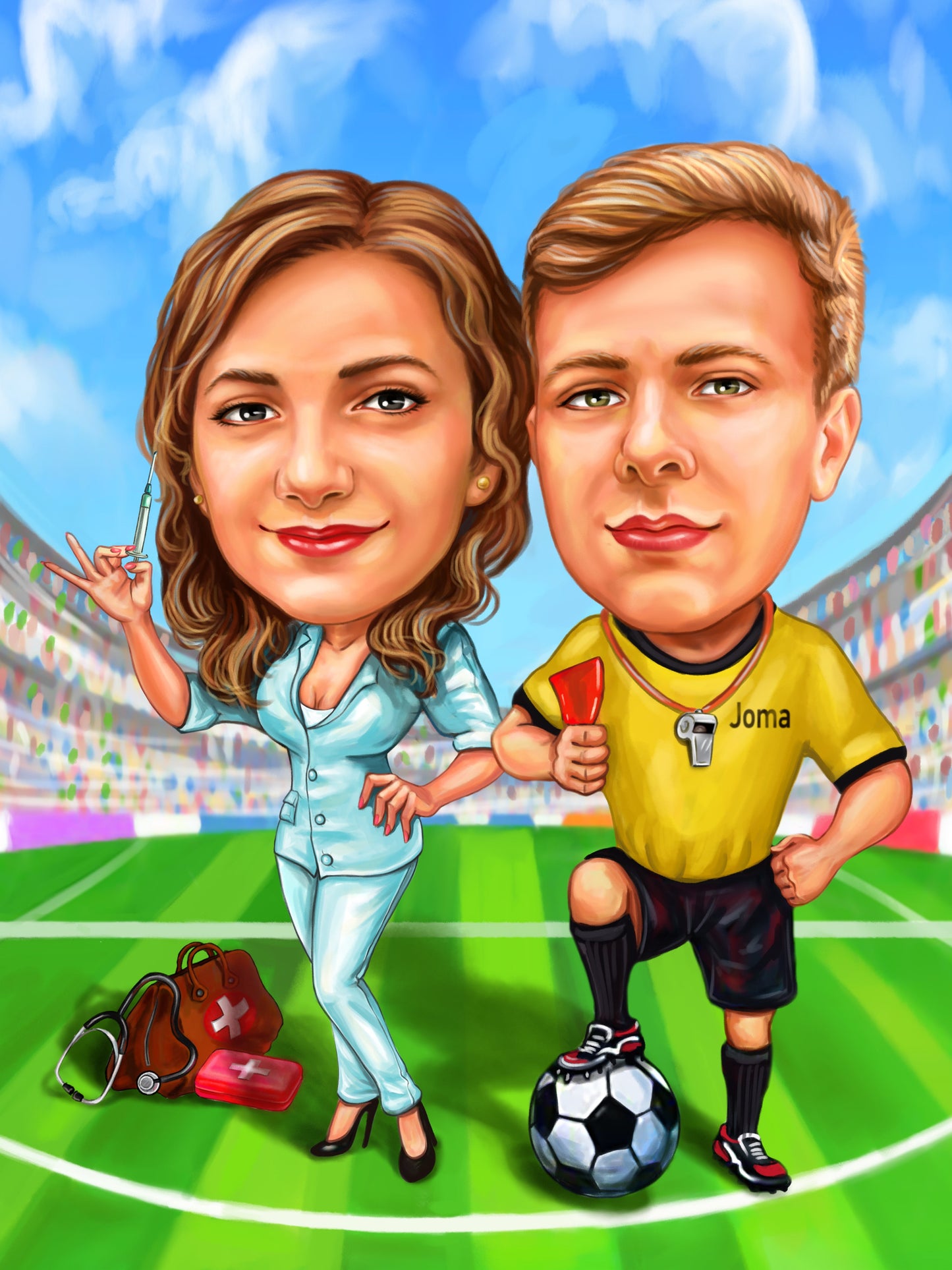 Doctor and footballer couple caricature