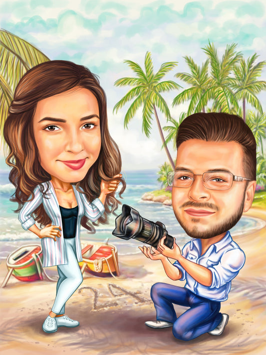 Photographer couple on the beach caricature