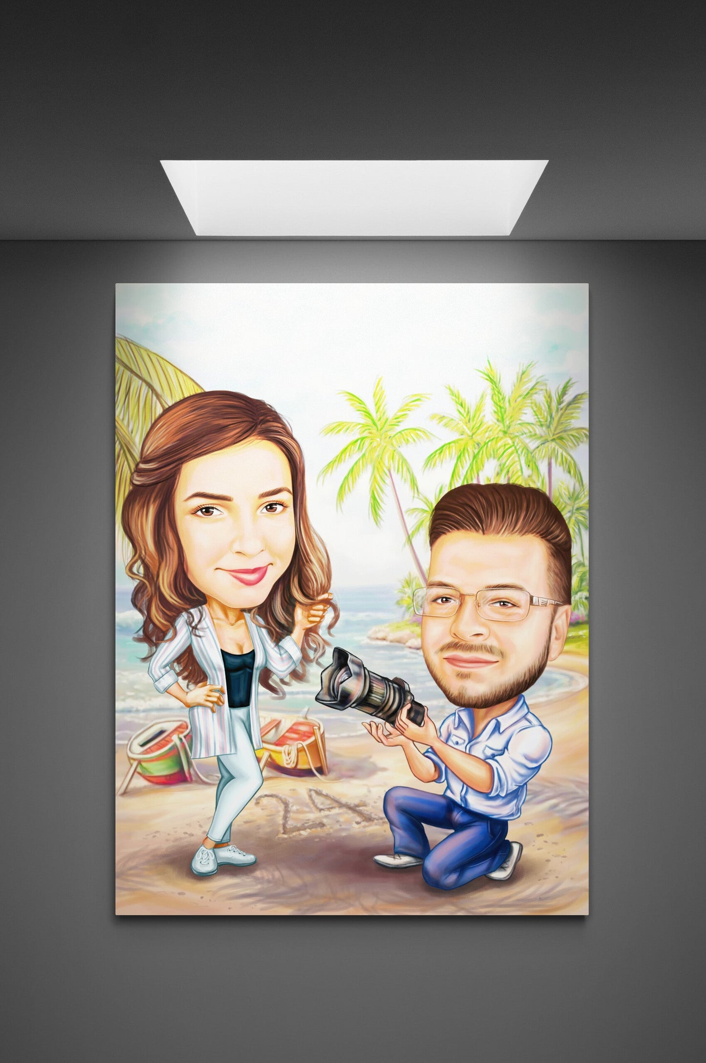 Photographer couple on the beach caricature