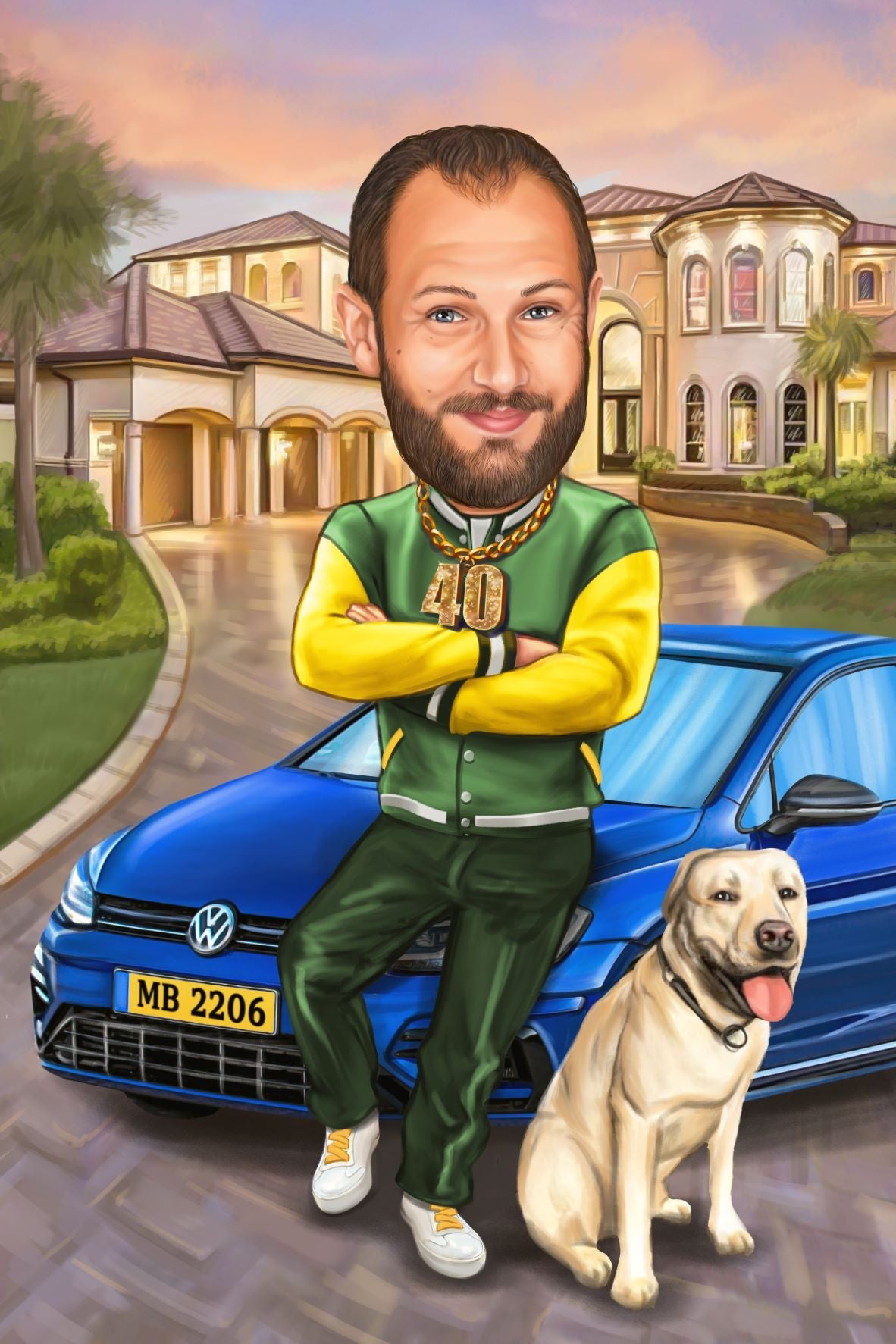 Him with the dog and the car caricature