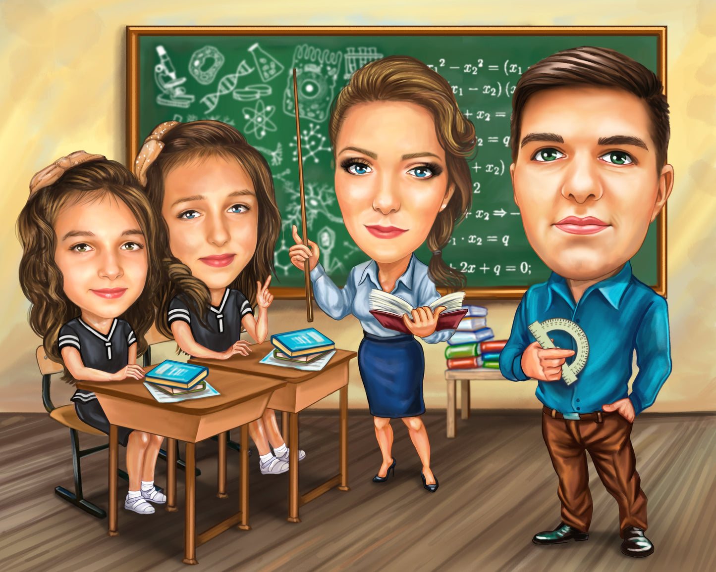 Family at school caricature