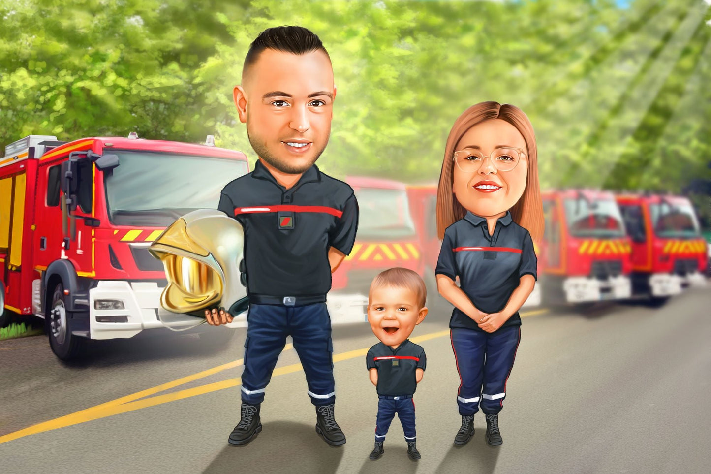 Firefighter & ambulances family caricature