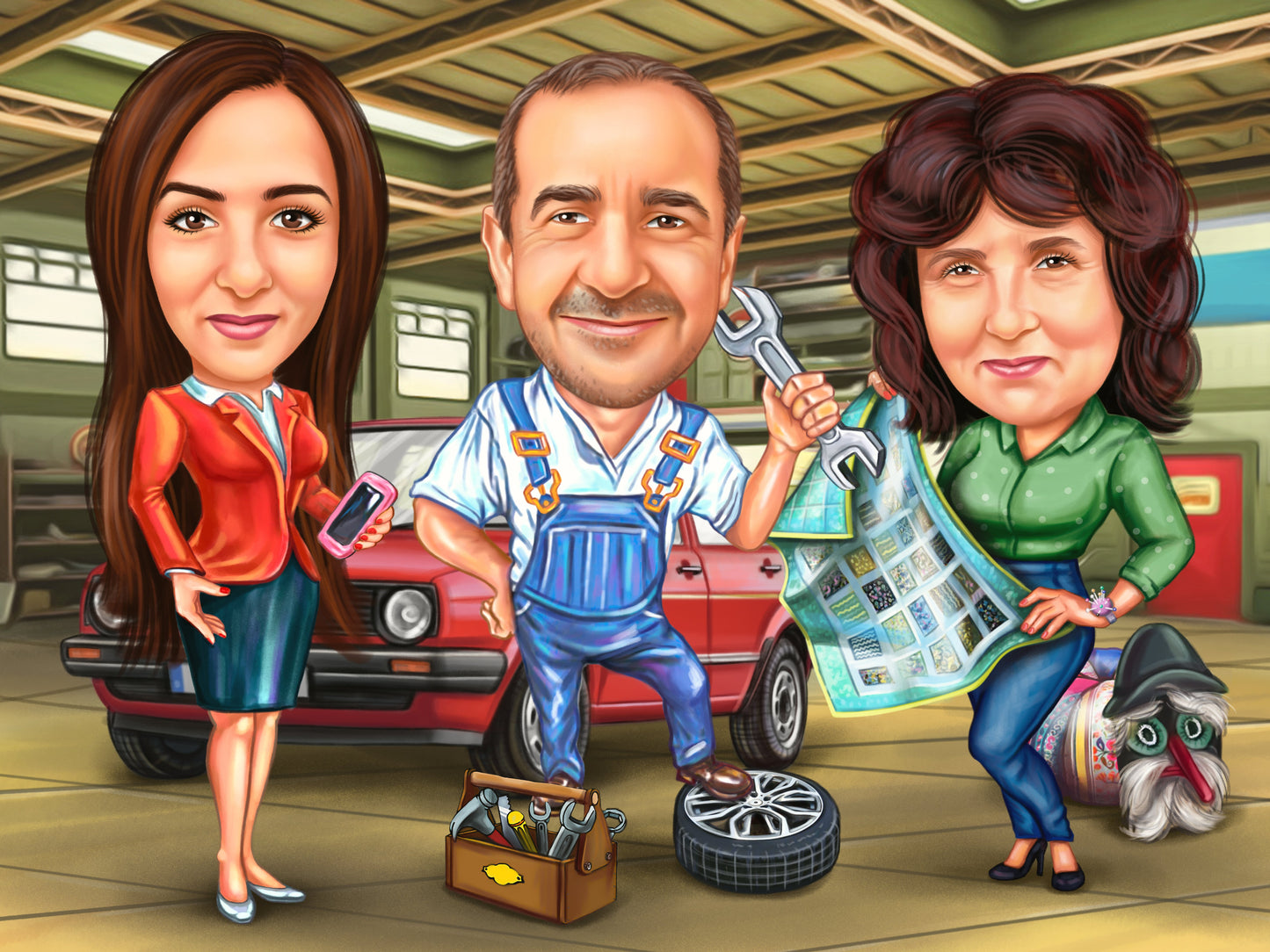 Family at the car service caricature