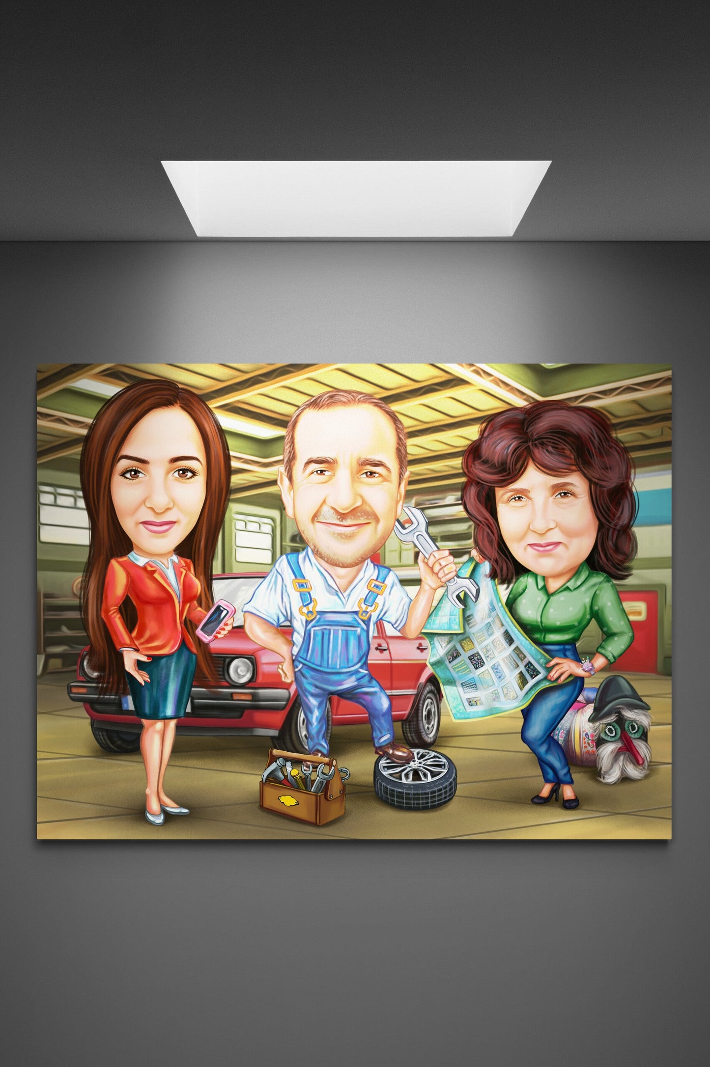 Family at the car service caricature