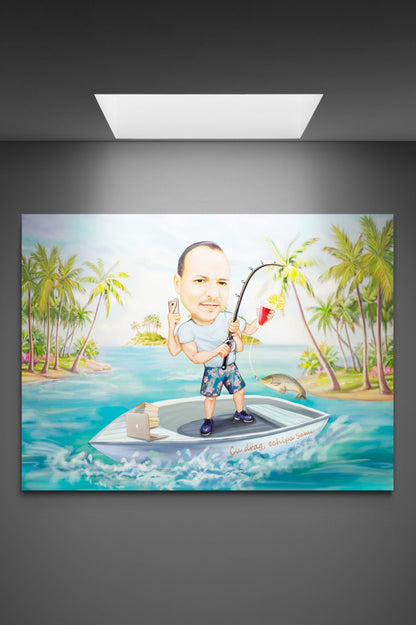 Fishing with his desk funny caricature