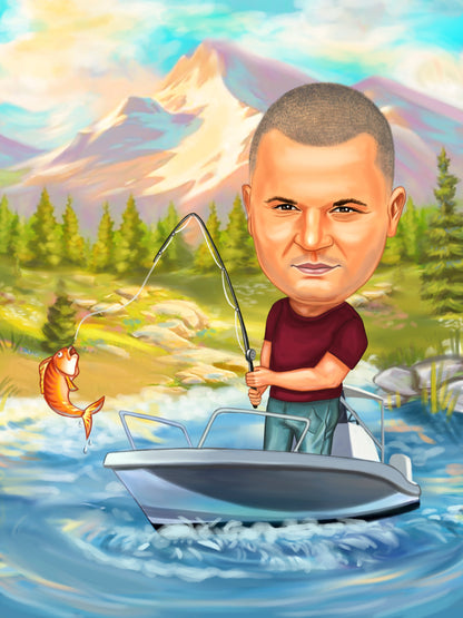 Fishing in nature caricature