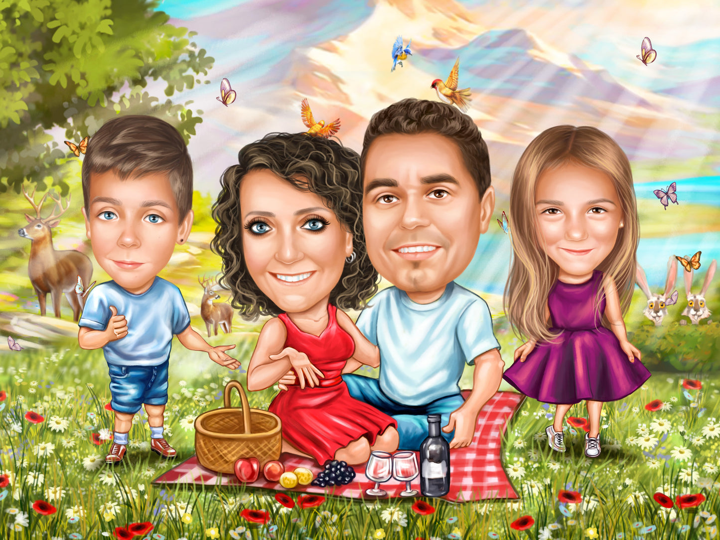 Family picnic with birds caricature