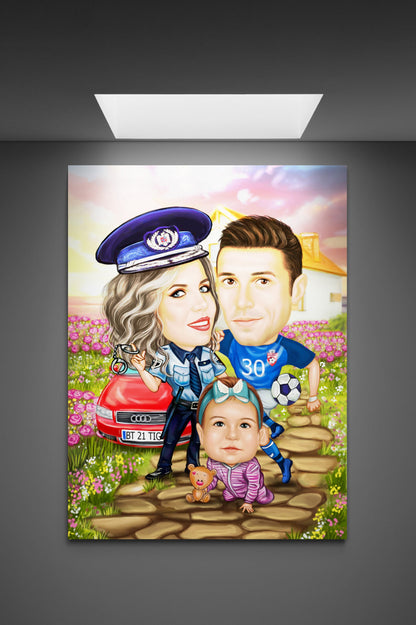 Mother policewoman family caricature