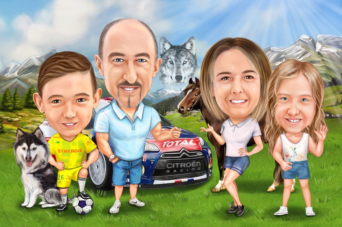 Family with a car and animals caricature