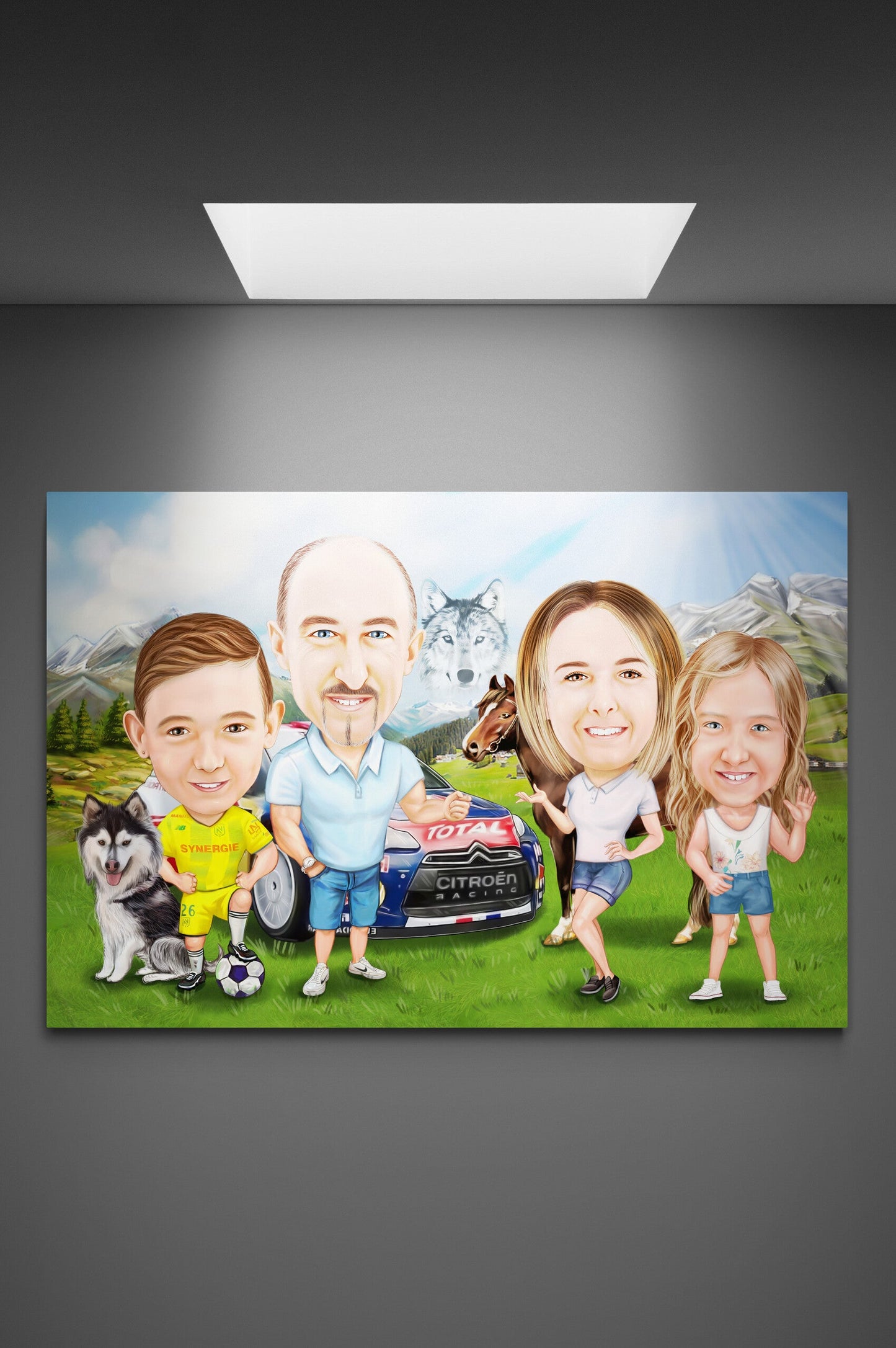 Family with a car and animals caricature