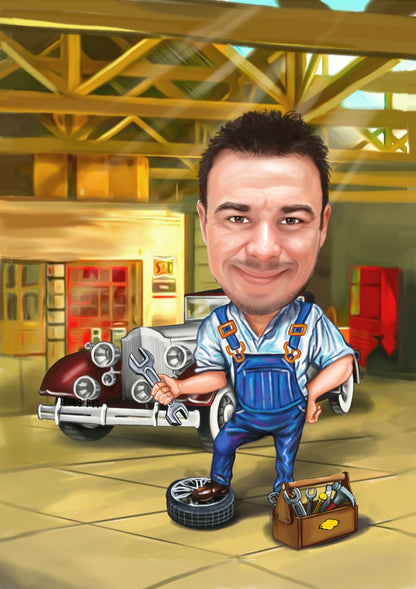Collector cars mechanic caricature