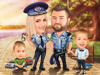 Police parents family caricature
