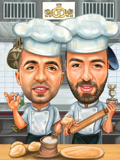 Bakers in tandem caricature
