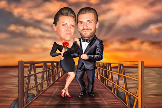 Couple on the pontoon at sunset caricature