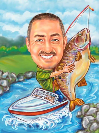 Fisherman and his catch caricature