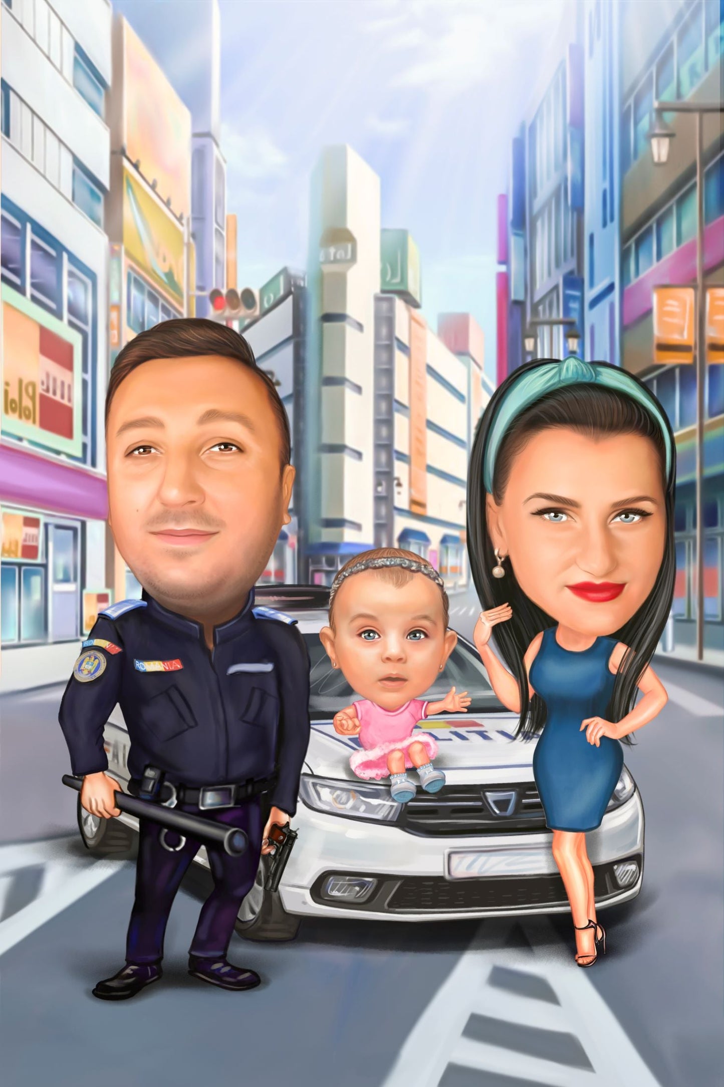 Policeman & the police car family caricature