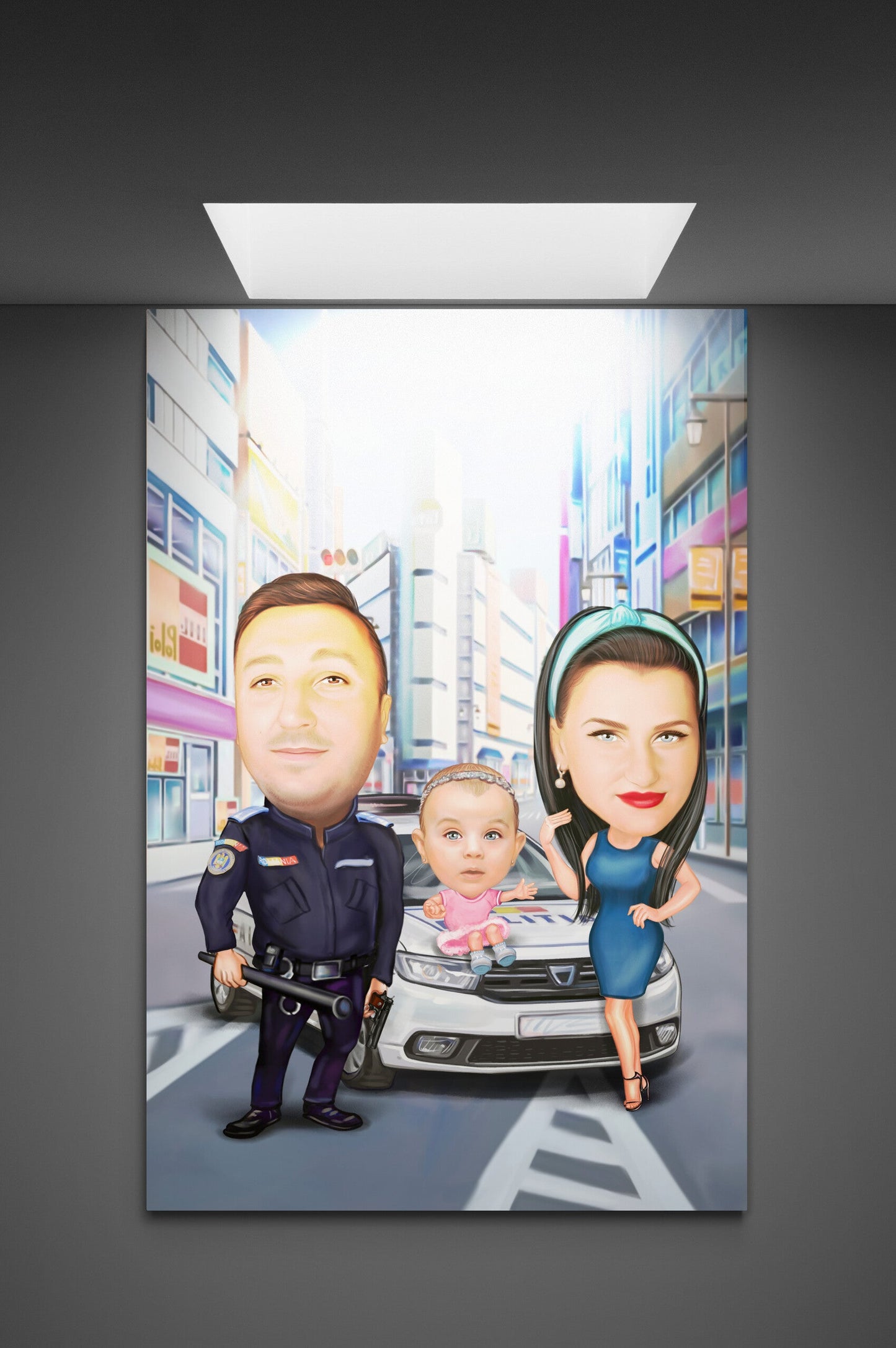 Policeman & the police car family caricature