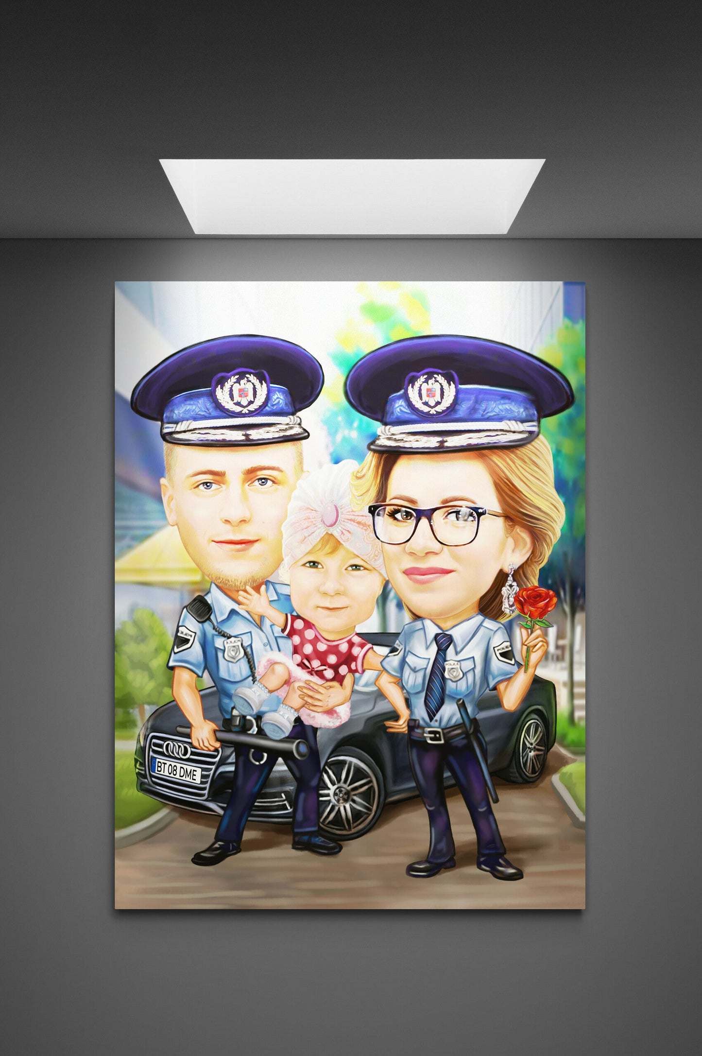 Police family with a baby caricature