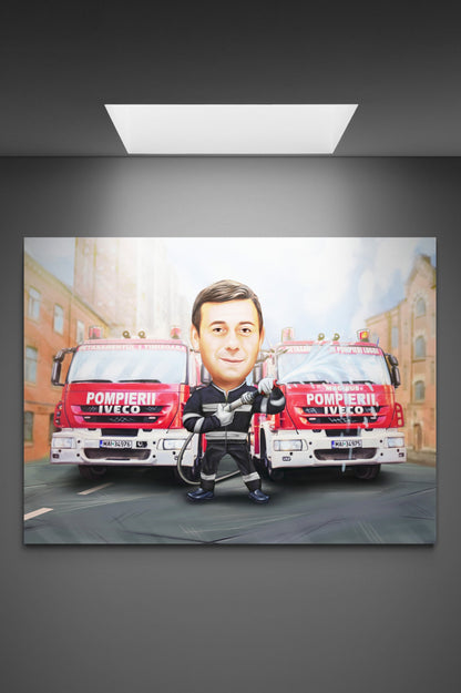 Fireman & emergency cars caricature