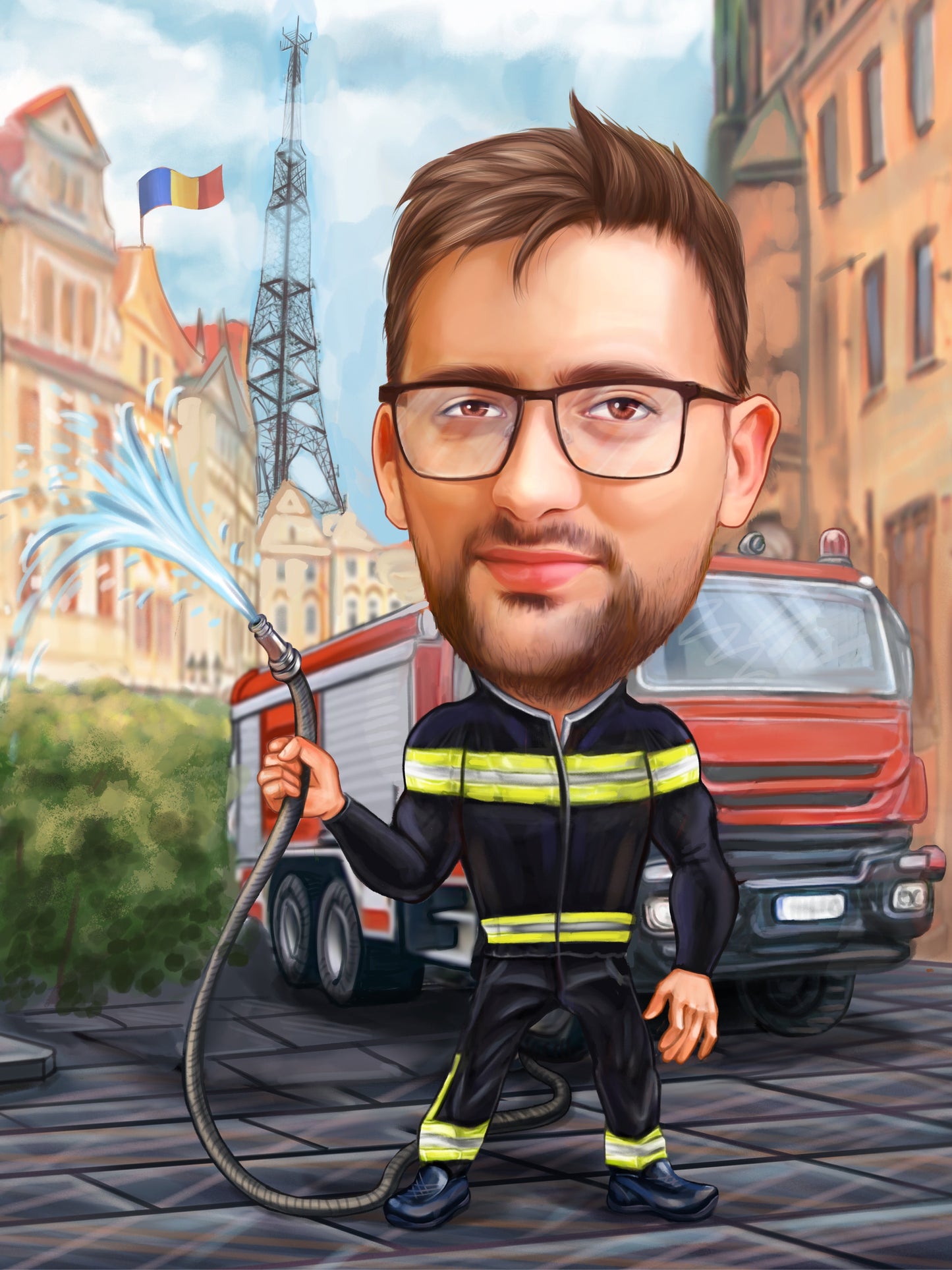 Fireman in Paris Caricature