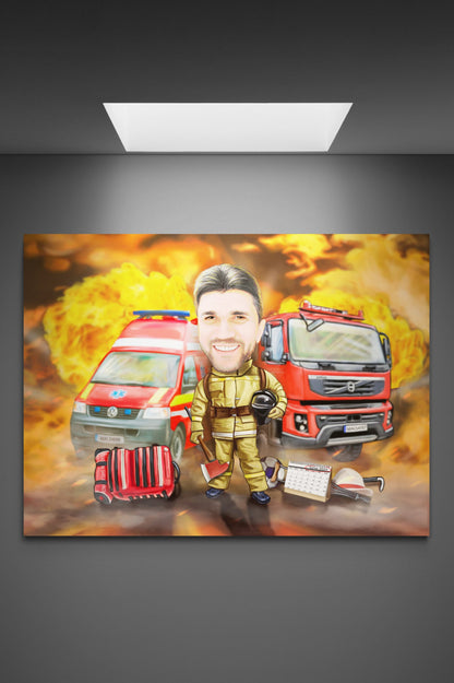 Fireman in action caricature