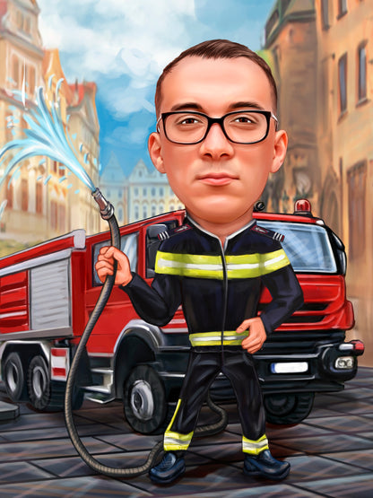 Fireman on the field caricature
