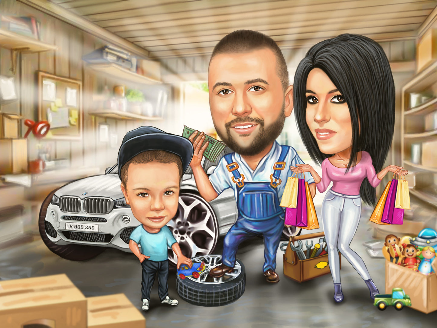 Shopping and cars family caricature